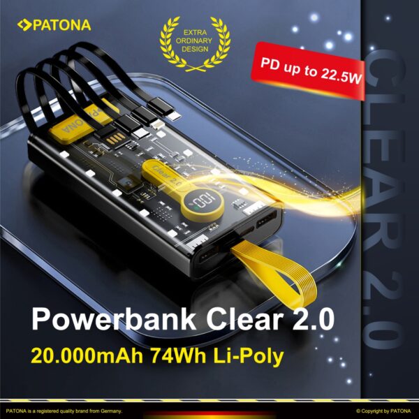 Powerbank Clear 2.0 PD22.5W 20,000mAh with 4 integrated charging cables