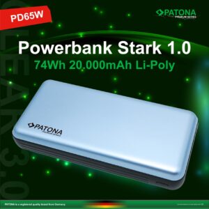 Premium Powerbank Stark 1.0 PD65W 20.000mAh with 2 integrated charging cables USB-C Lightning